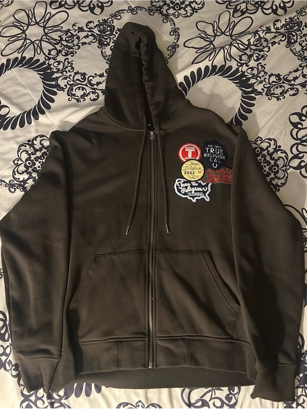 True Religion Men's Dark Brown Zip-Up Hoodie with Embroidered Patches